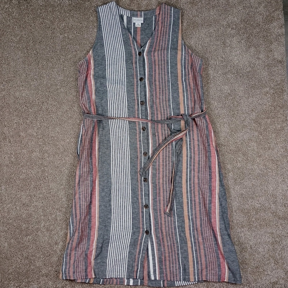 Liz Clairborne Grey Stripe Button Shirt Dress Sleeveless Belt  Linen Cotton Xl